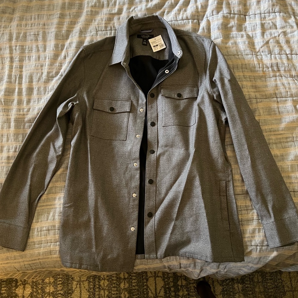 Nordstrom Men’s Shop Grey Fleece Shirt Jacket Front Snap Cotton Pockets Medium